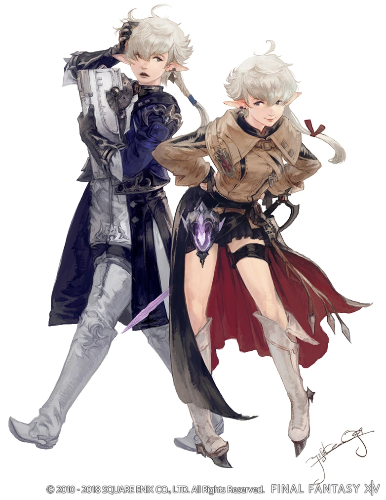 1boy 1girl ahoge arcanist_(final_fantasy) artist_name bad_source bangs black_gloves black_skirt blue_coat blue_eyes book boots braid brother_and_sister brown_jacket coat collared_coat company_name copyright copyright_name d: earclip earrings elbow_gloves elezen elf eye_contact final_fantasy final_fantasy_xiv from_side full_body gloves grey_hair hair_ribbon hand_in_own_hair hand_on_own_head hands_on_hips hatching_(texture) holding holding_book jacket jewelry knee_boots leaning_forward long_hair long_sleeves looking_at_another looking_to_the_side low_ponytail mogi_yuusuke official_art open_mouth overskirt pointy_ears red_mage ribbon siblings sideways_glance signature simple_background single_braid single_earring skirt smile standing sword thigh_boots thigh_strap third-party_source twins two-sided_fabric walking weapon white_background white_footwear