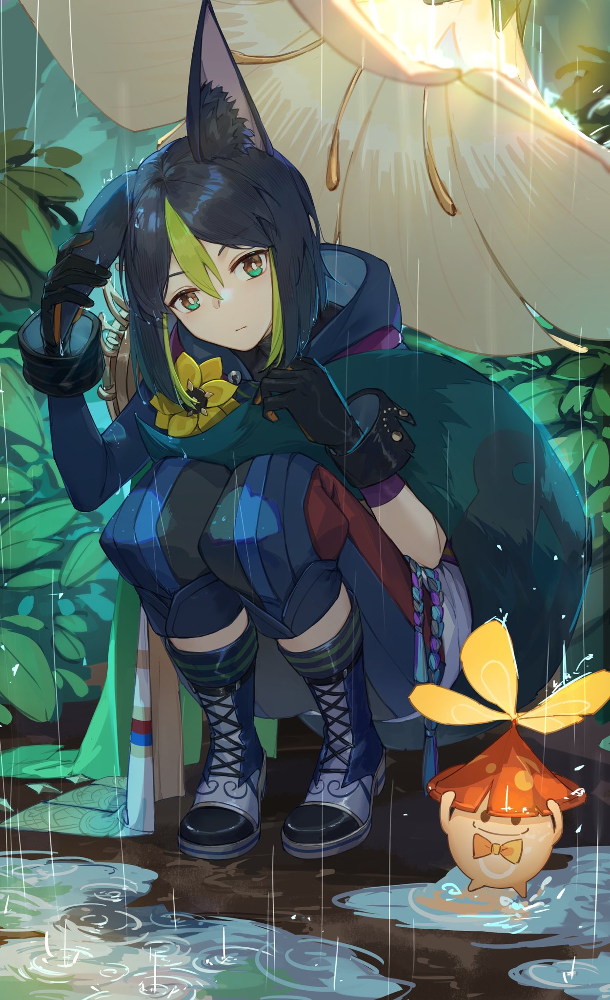 1boy animal_ear_fluff animal_ears asymmetrical_sleeves bangs black_gloves black_hair black_shirt blue_footwear blue_pants boots bow bright_pupils brown_eyes bush cape closed_mouth commentary cross-laced_footwear expressionless flower forest fox_boy fox_ears fox_tail full_body fungi_(genshin_impact) genshin_impact gloves gradient_eyes green_eyes green_hair hair_between_eyes highres hood hood_down hoodie kotatsu_kaya lace-up_boots leaf long_sleeves looking_at_viewer male_focus multicolored_eyes multicolored_hair nature orange_bow outdoors pants puddle rain rope shirt short_hair sidelocks solo squatting streaked_hair tail tassel tighnari_(genshin_impact) turtleneck wet wet_hair white_pupils wrist_cuffs yellow_flower