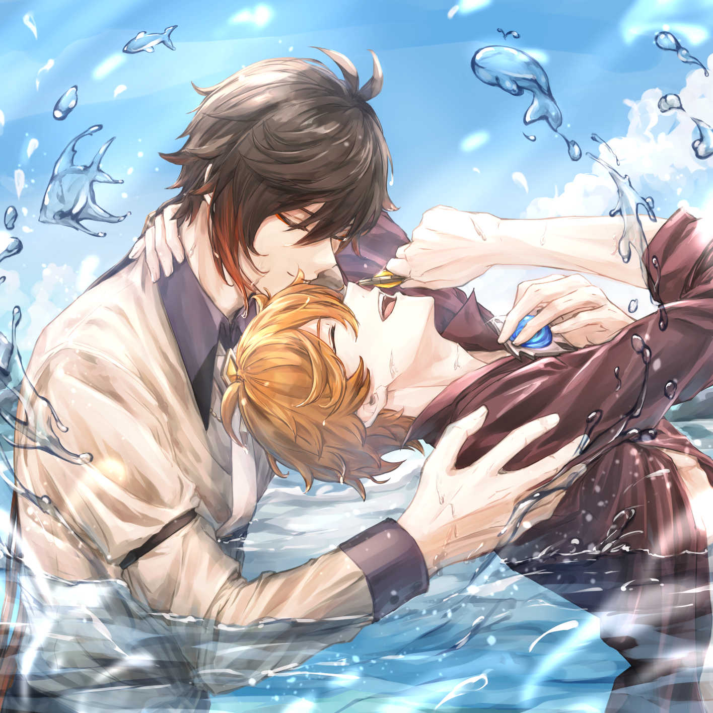 2boys antenna_hair bangs blue_sky brown_hair brown_shirt closed_eyes closed_mouth clouds collared_shirt colored_tips commentary_request day eyeshadow fish fuyuni0307 genshin_impact gradient_hair hair_between_eyes highres holding in_water long_hair long_sleeves low_ponytail makeup male_focus multicolored_hair multiple_boys open_mouth orange_hair outdoors partially_submerged ponytail profile red_eyeshadow red_shirt shirt short_hair sidelocks sky sleeves_rolled_up smile tartaglia_(genshin_impact) teeth tongue upper_body upper_teeth vision_(genshin_impact) water water_drop wet wing_collar zhongli_(genshin_impact)