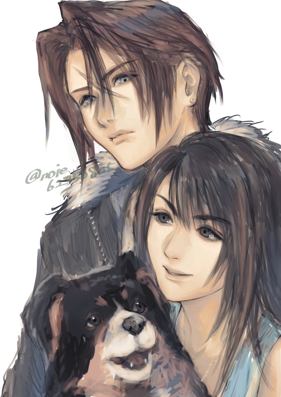 1boy 1girl 1other angelo_(ff8) black_hair black_jacket blue_cardigan brown_hair cardigan dog earrings fangs final_fantasy final_fantasy_viii fur_collar grey_eyes hair_between_eyes highres jacket jewelry long_hair multicolored_hair noie_(neunteedelstein) open_mouth parted_lips rinoa_heartilly scar scar_on_face short_hair single_earring smile squall_leonhart streaked_hair twitter_username upper_body white_background