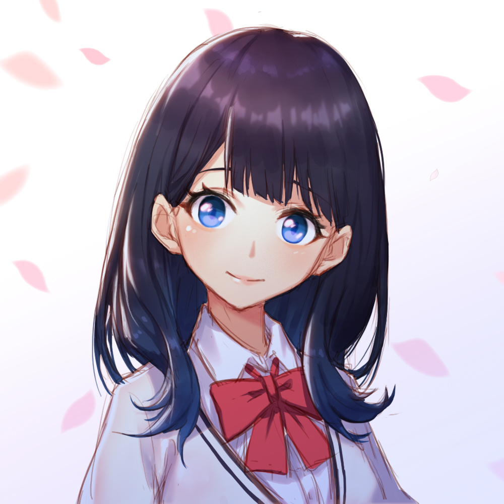 bangs black_hair blue_eyes blunt_bangs bow bowtie brown_cardigan cardigan cardigan_vest cherry_blossoms closed_mouth commentary_request gridman_universe hair_over_shoulder head_tilt long_hair looking_at_viewer loose_bowtie pleated_shirt red_bow school_uniform shiny shiny_hair shirt sidelocks simple_background smile ssss.gridman takarada_rikka uniform w2398510474 white_background white_shirt