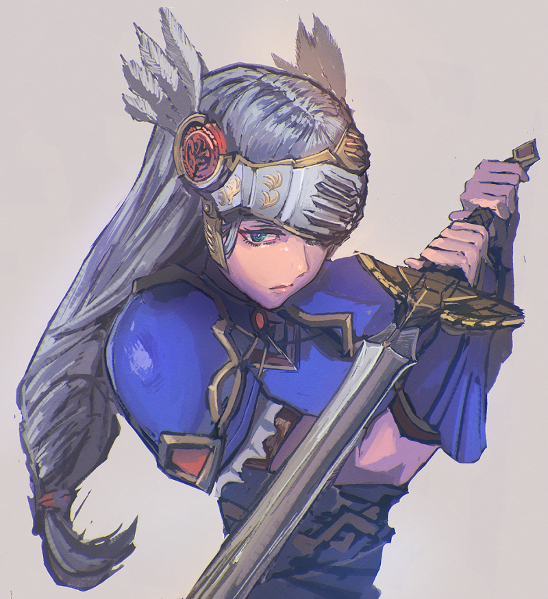 1girl armor armored_dress blue_armor feathers gold_trim helmet holding holding_sword holding_weapon lenneth_valkyrie low-braided_long_hair madsensei shoulder_pads sword valkyrie valkyrie_profile weapon winged_helmet