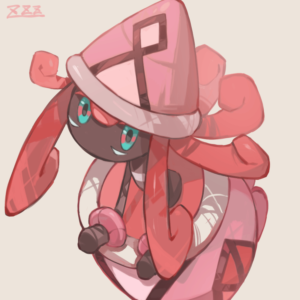commentary_request dark_skin green_eyes grey_background long_hair looking_at_viewer no_humans oyasuminjyutsu pink_hair pokemon pokemon_(creature) signature solo tapu_lele