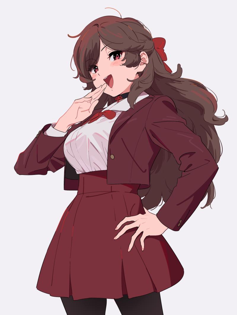 1girl bow breasts brown_hair character_request commentary_request copyright_request cowboy_shot hair_bow hand_on_hip jacket kamo_kamen large_breasts open_mouth pantyhose red_eyes red_jacket red_skirt skirt smile solo