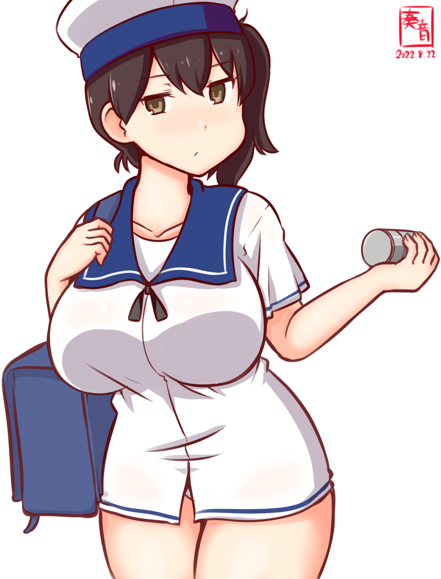 1girl artist_logo bag blue_sailor_collar breasts brown_eyes brown_hair cat_cutout clothing_cutout commentary_request cosplay dated depth_charge dress hat hiburi_(kancolle) hiburi_(kancolle)_(cosplay) huge_breasts kaga_(kancolle) kanon_(kurogane_knights) kantai_collection long_hair looking_at_viewer one-hour_drawing_challenge sailor_collar sailor_dress sailor_hat short_sleeves side_ponytail simple_background solo standing white_background white_dress white_headwear