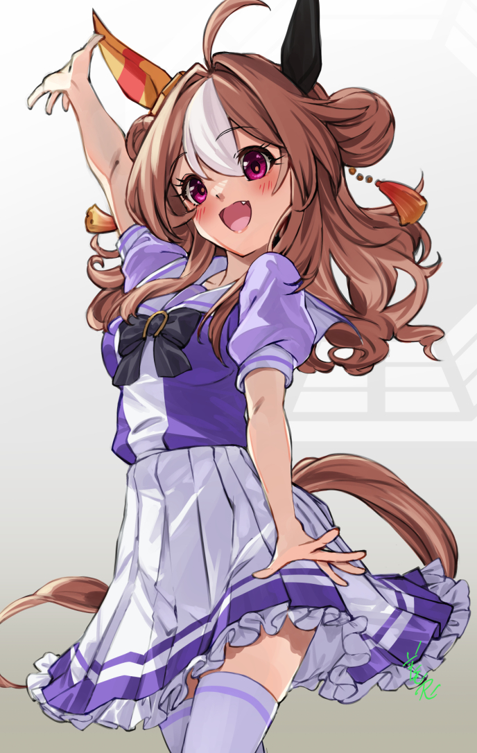 1girl :d ahoge blush bow bowtie brown_hair copano_rickey_(umamusume) cowboy_shot double_bun ear_covers eyelashes fang frilled_skirt frills hair_bun horse_girl horse_tail horseshoe_ornament long_hair looking_at_viewer miniskirt mismatched_ear_covers multicolored_hair open_mouth pink_eyes pleated_skirt puffy_short_sleeves puffy_sleeves purple_bow purple_bowtie purple_shirt red_eyes sailor_collar sailor_shirt school_uniform serafuku shirt short_sleeves skirt smile solo streaked_hair summer_uniform tail tail_through_clothes thigh-highs tracen_school_uniform two_side_up umamusume white_hair white_skirt white_thighhighs youmou_usagi