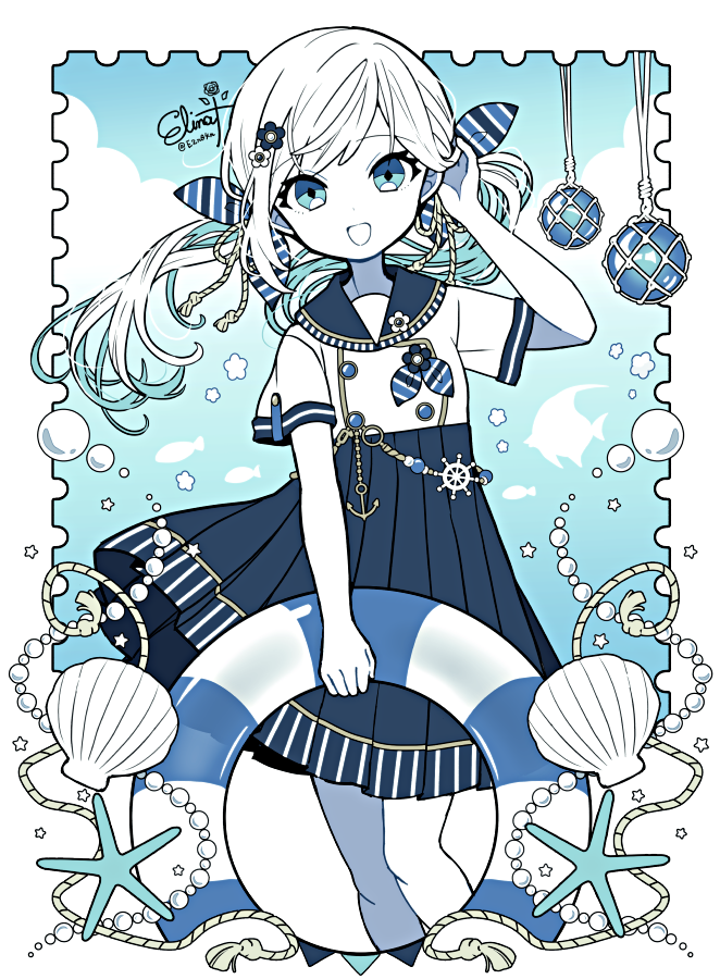 1girl anchor_ornament bangs blue_background blue_bow blue_eyes blue_flower blue_sailor_collar blue_skirt bow buttons clouds colored_skin commentary dot_nose fish flower flower_(symbol) gem hair_bow hair_flower hair_ornament hand_in_own_hair holding holding_innertube innertube long_hair looking_at_viewer murasaki_daidai_etsuo open_mouth original pearl_(gemstone) pleated_skirt rope rope_belt sailor sailor_collar sailor_shirt seashell shell shirt shirt_bow short_sleeves signature skirt smile solo starfish striped striped_bow twintails white_flower white_hair white_shirt white_skin