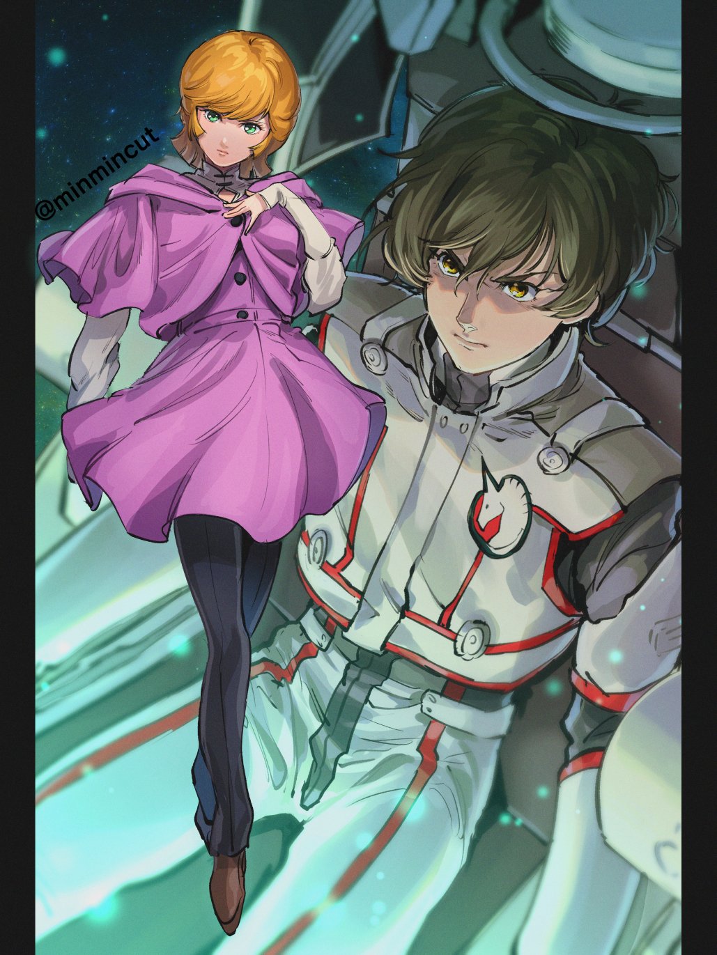 1boy 1girl banagher_links bangs black_pants brown_eyes brown_footwear brown_hair capelet chanmura dress green_eyes gundam gundam_unicorn hand_on_own_chest head_tilt highres looking_at_viewer mineva_lao_zabi orange_hair pants pillarboxed pilot_suit purple_capelet purple_dress science_fiction sitting twitter_username v-shaped_eyebrows