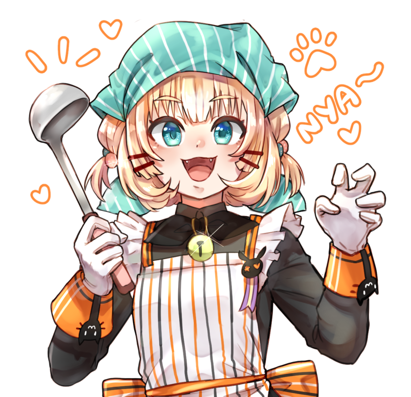 1girl apron black_shirt blonde_hair blue_eyes claw_pose english_commentary fangs heart holding holding_ladle l_(ldraws10) ladle millie_parfait nijisanji nijisanji_en open_mouth paw_print shirt short_hair smile solo upper_body virtual_youtuber white_background