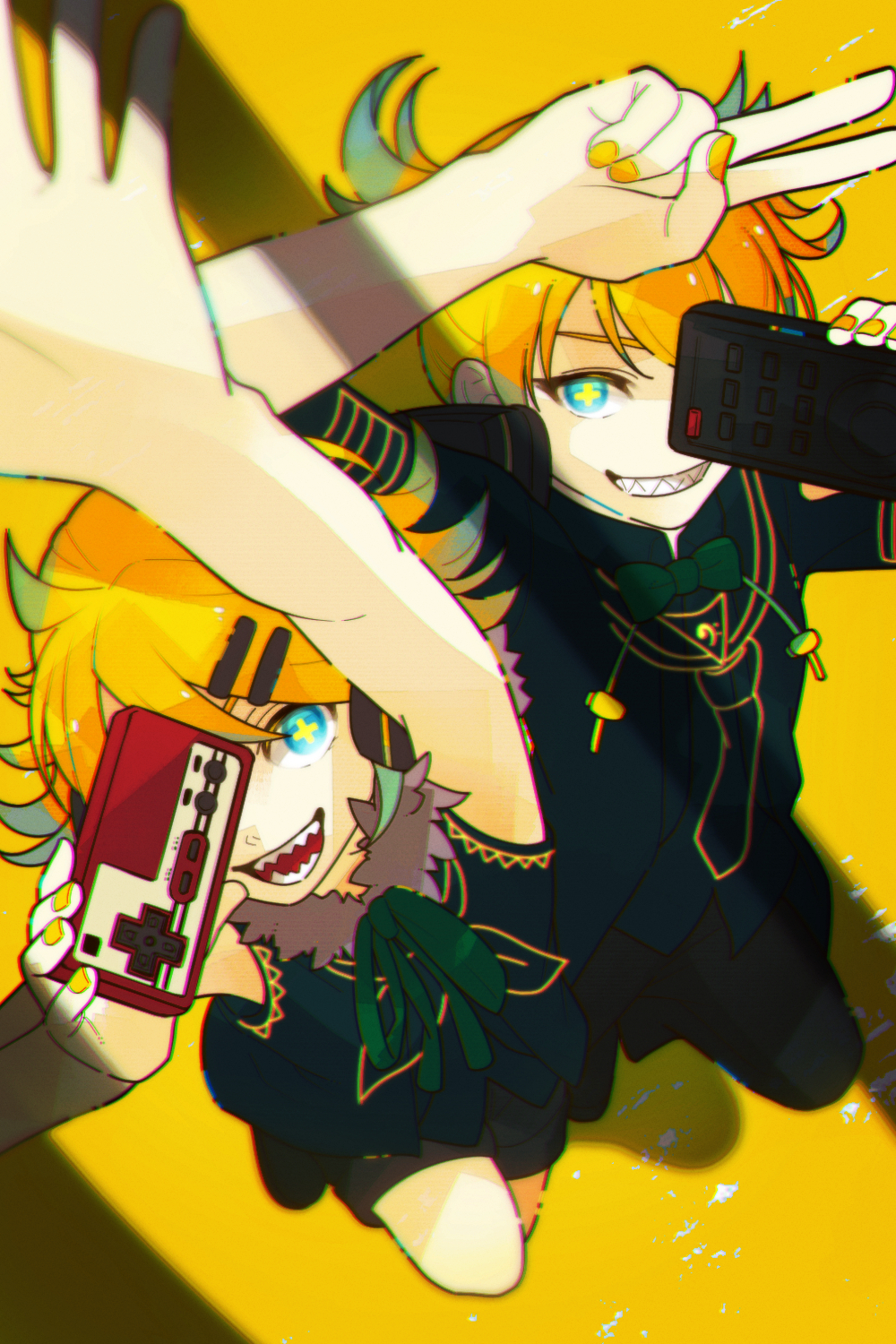 1boy 1girl ahoge black_shorts blonde_hair blue_eyes blue_hair bow chromatic_aberration colored_tips commentary controller covering_one_eye cross-shaped_pupils evil_grin evil_smile eyebrows_hidden_by_hair flipped_hair foreshortening fur-trimmed_vest green_bow grin highres kagamine_len kagamine_rin knee_up looking_at_viewer lower_teeth multicolored_hair one_eye_covered open_mouth reaching_out remote_control rimocon_(vocaloid) sharp_teeth shirt shorts simple_background sleeveless sleeveless_shirt smile standing standing_on_one_leg symbol-shaped_pupils taisa_piyo teeth upper_teeth v vest vest_over_shirt vocaloid yellow_background yellow_nails