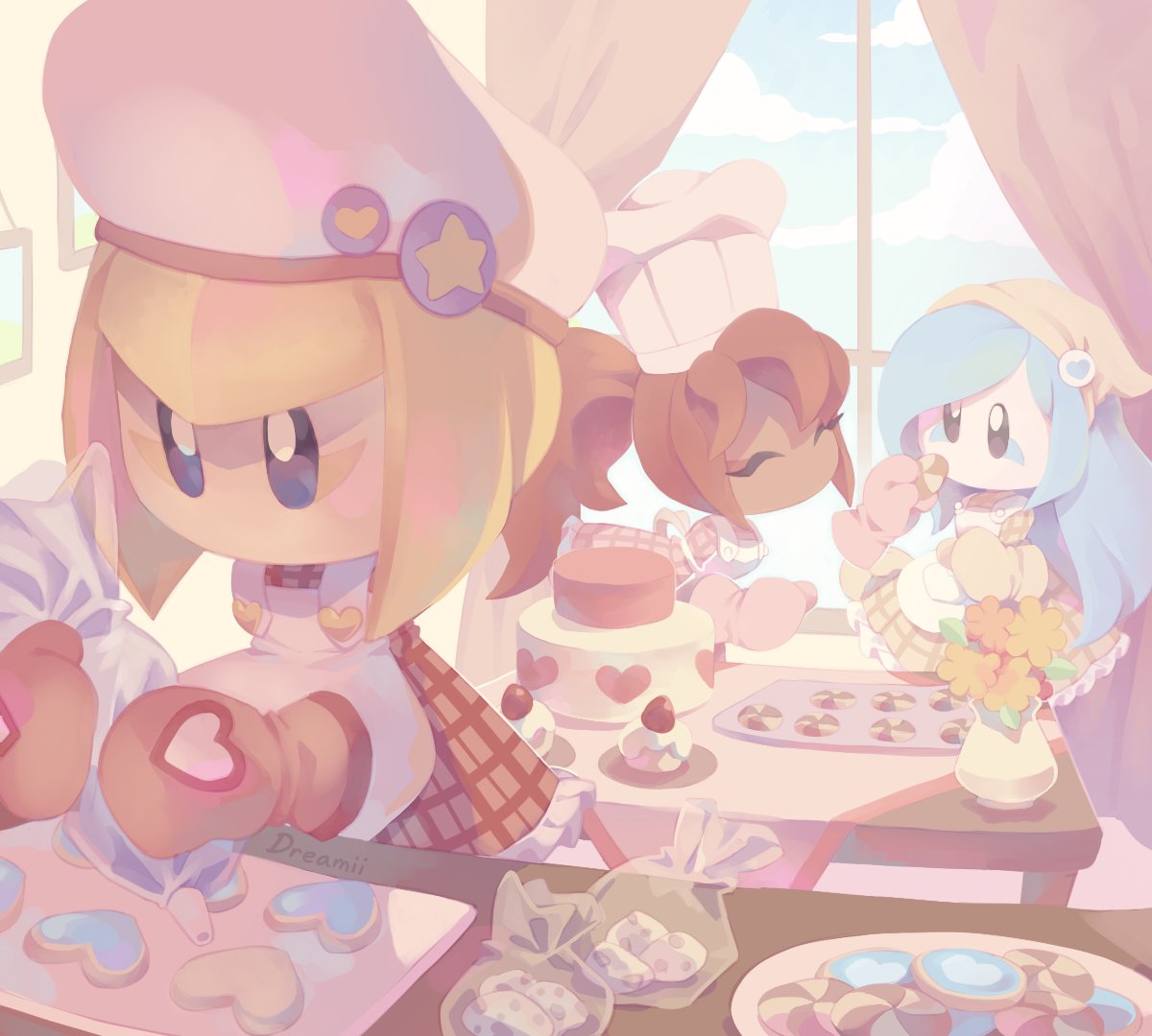 3girls apron baking blonde_hair blue_hair blue_sky cake chef_hat cookie cupcake dark-skinned_female dark_skin flamberge_(kirby) flower food francisca_(kirby) hat heart kirby:_star_allies kirby_(series) long_hair multiple_girls no_mouth no_nose oven_mitts pastel_colors ponytail redhead sky stardust-dreamii window zan_partizanne