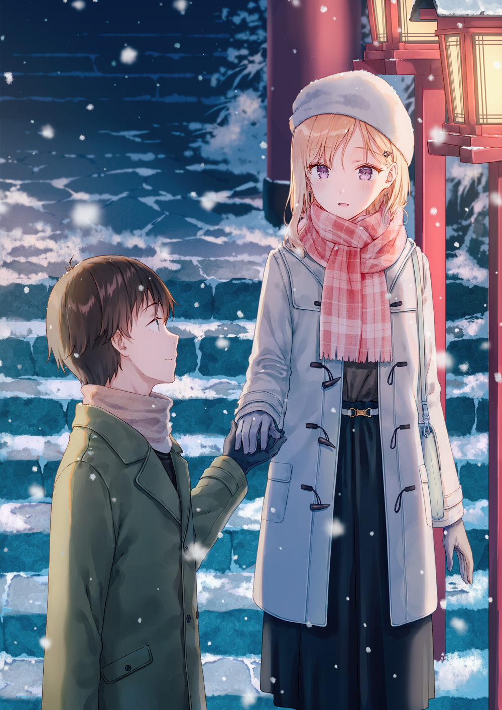1boy 1girl beanie black_gloves black_hair black_shirt black_skirt blonde_hair closed_mouth coat commentary_request fringe_trim gloves green_jacket grey_gloves hair_ornament hairclip hat highres hiten_(hitenkei) holding_hands jacket long_sleeves night official_art open_clothes open_coat outdoors parted_lips pink_scarf profile scarf shirt skirt smile snow snowing stairs stone_stairs violet_eyes white_coat white_headwear white_scarf