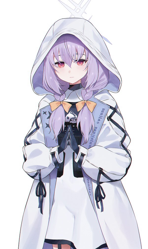 1girl atsuko_(blue_archive) bangs belt_pouch blue_archive bow braid cross-laced_sleeves dress hair_bow halo hood hood_up hooded_jacket jacket looking_at_viewer low_twin_braids mameojitan pink_hair plate_carrier pouch red_eyes tactical_clothes twin_braids white_dress white_jacket
