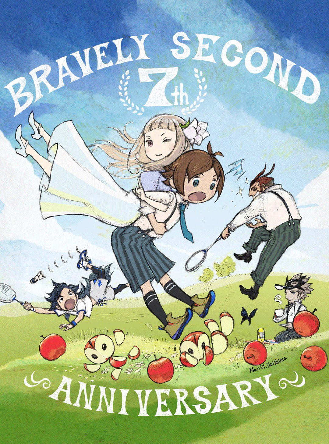 1girl 4boys ;) anniversary apple back-to-back badminton badminton_racket black_butterfly black_socks blue_eyes bravely_default_(series) bravely_second:_end_layer brown_hair bug butterfly denys_geneolgia dress flower food fruit hair_flower hair_ornament high_heels highres ikusy janne_angard locked_arms long_dress magnolia_arch multiple_boys necktie nikolai_nikolanikov official_art one_eye_closed open_mouth pants racket shirt shorts shuttlecock smile socks striped striped_pants striped_shorts suspender_shorts suspenders visor_cap white_dress white_hair white_shirt yew_geneolgia