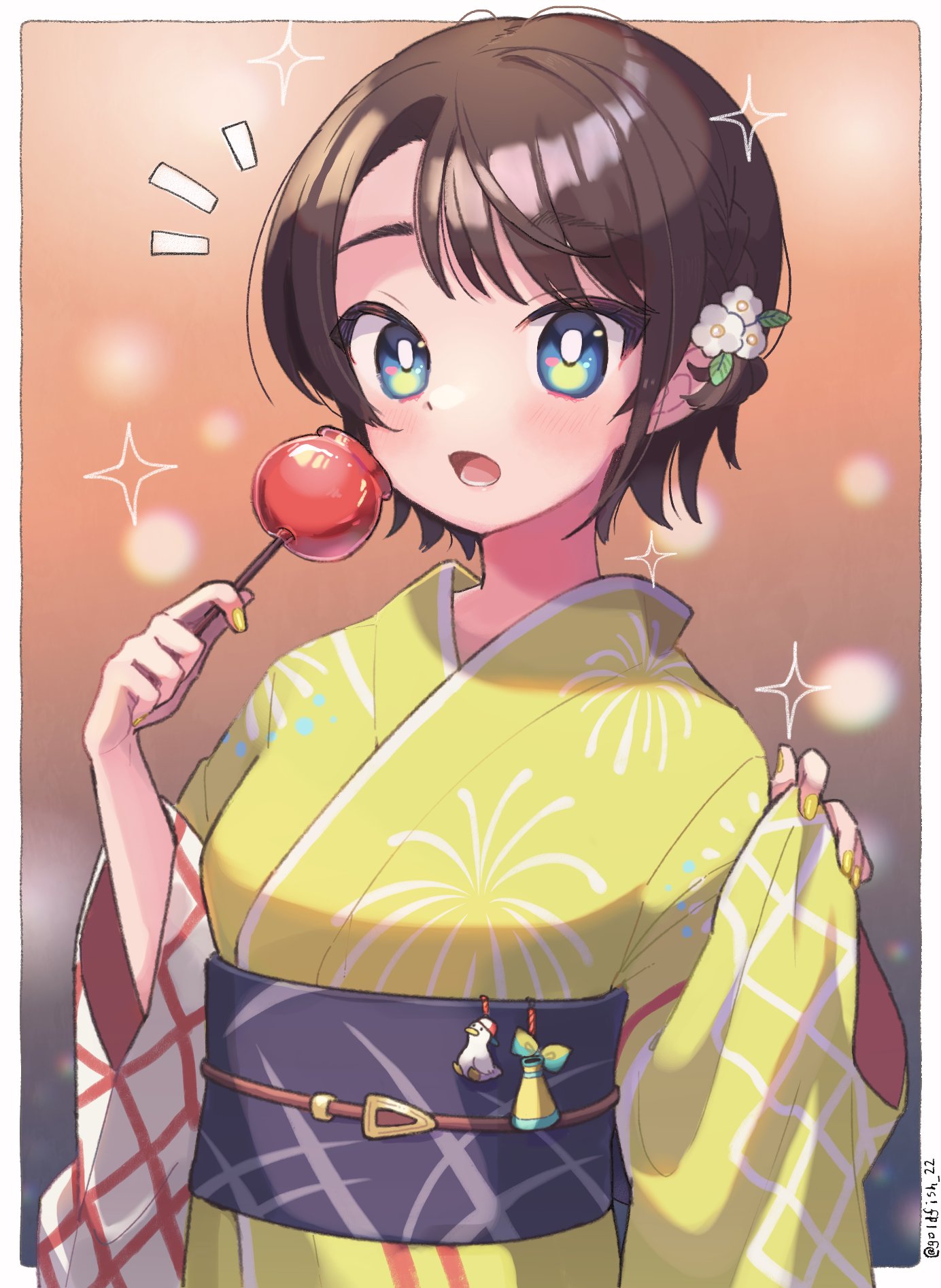 1girl alternate_costume bangs blue_eyes blurry blurry_background blush border breasts brown_hair candy_apple commentary_request eyelashes flower food goldfish_22 gradient gradient_background hair_flower hair_ornament hands_up highres holding holding_food hololive japanese_clothes kimono long_sleeves looking_at_viewer nail_polish obi oozora_subaru open_mouth print_kimono sash shadow shiny shiny_hair short_hair solo subaru_duck swept_bangs upper_body virtual_youtuber white_border wide_sleeves yellow_kimono yellow_nails yukata