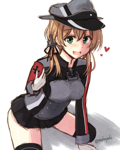 1girl black_skirt black_thighhighs blonde_hair blush gloves green_eyes grey_headwear hair_between_eyes hat heart kantai_collection long_hair long_sleeves low_twintails lowres mashayuki military military_hat military_uniform one-hour_drawing_challenge open_mouth peaked_cap pleated_skirt prinz_eugen_(kancolle) skirt smile solo thigh-highs twintails twitter_username uniform white_gloves