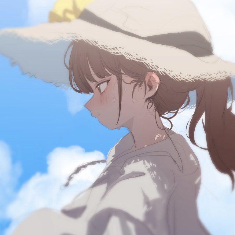 1girl blue_sky blush brown_eyes brown_hair closed_mouth clouds cloudy_sky commentary day dress from_side grey_headwear hat heoningu long_hair looking_away original outdoors ponytail sky solo straw_hat sweat symbol-only_commentary white_dress