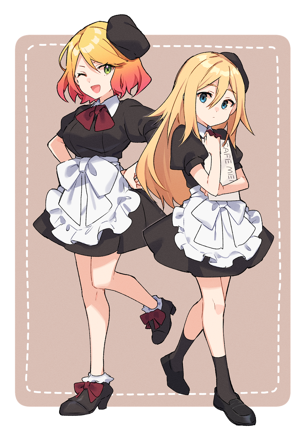 2girls ;d alternate_costume apron bangs black_footwear black_headwear black_shirt black_skirt blonde_hair blue_eyes border bow bowtie brown_background cathy_(satsuriku_no_tenshi) enmaided full_body gradient_hair green_eyes hair_between_eyes hands_on_hips hat highres loafers long_hair looking_at_viewer maid miniskirt multicolored_hair multiple_girls one_eye_closed open_mouth rachel_gardner red_bow red_bowtie redhead satsuriku_no_tenshi shiny shiny_hair shirt shoes short_sleeves skirt smile standing standing_on_one_leg tooru_(jux) very_long_hair waist_apron white_apron white_border