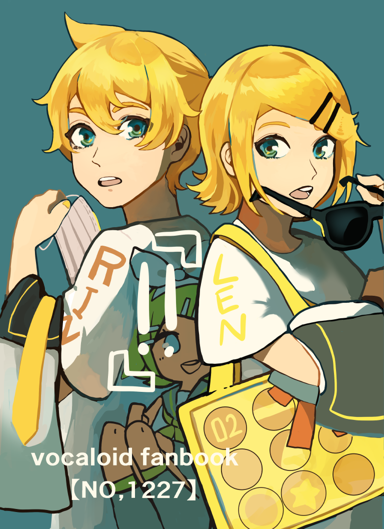 1boy 1girl aqua_background aqua_eyes back-to-back blonde_hair blue_eyes character_name copyright_name cover cover_page eyebrows_hidden_by_hair eyewear_removed gradient_eyes hair_between_eyes holding holding_clothes holding_eyewear kagamine_len kagamine_rin looking_at_viewer manga_cover merchandise multicolored_eyes necktie nunosei open_mouth sailor_collar shirt short_sleeves simple_background sunglasses teeth upper_teeth vocaloid white_shirt yellow_bag yellow_necktie