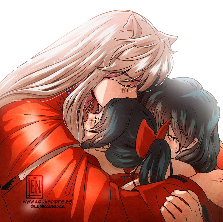 1boy 2girls black_hair bow closed_eyes crying crying_with_eyes_open hair_bow han'you_no_yashahime happy_tears higurashi_kagome inuyasha inuyasha_(character) japanese_clothes kimono lennys long_hair moroha multiple_girls open_mouth ponytail red_bow red_kimono shiny shiny_hair simple_background tears twitter_username very_long_hair watermark web_address white_background white_hair