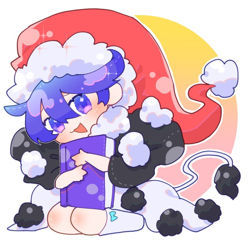 1girl :3 :d bangs black_capelet blue_eyes blue_hair blush book book_hug capelet chibi commentary doremy_sweet dress full_body hat holding holding_book looking_at_viewer nfoxoa nightcap object_hug open_mouth pom_pom_(clothes) red_headwear ribbon-trimmed_capelet seiza short_hair sitting smile socks solo tail tapir_tail touhou white_dress white_socks