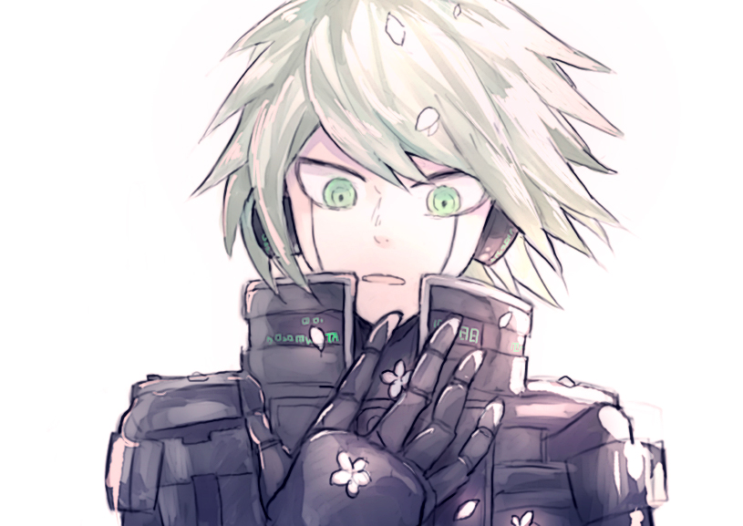 1boy ahoge android cherry_blossoms commentary_request danganronpa_(series) danganronpa_v3:_killing_harmony green_eyes grey_hair keebo kyo722 looking_down male_focus petals power_armor short_hair simple_background solo upper_body white_background