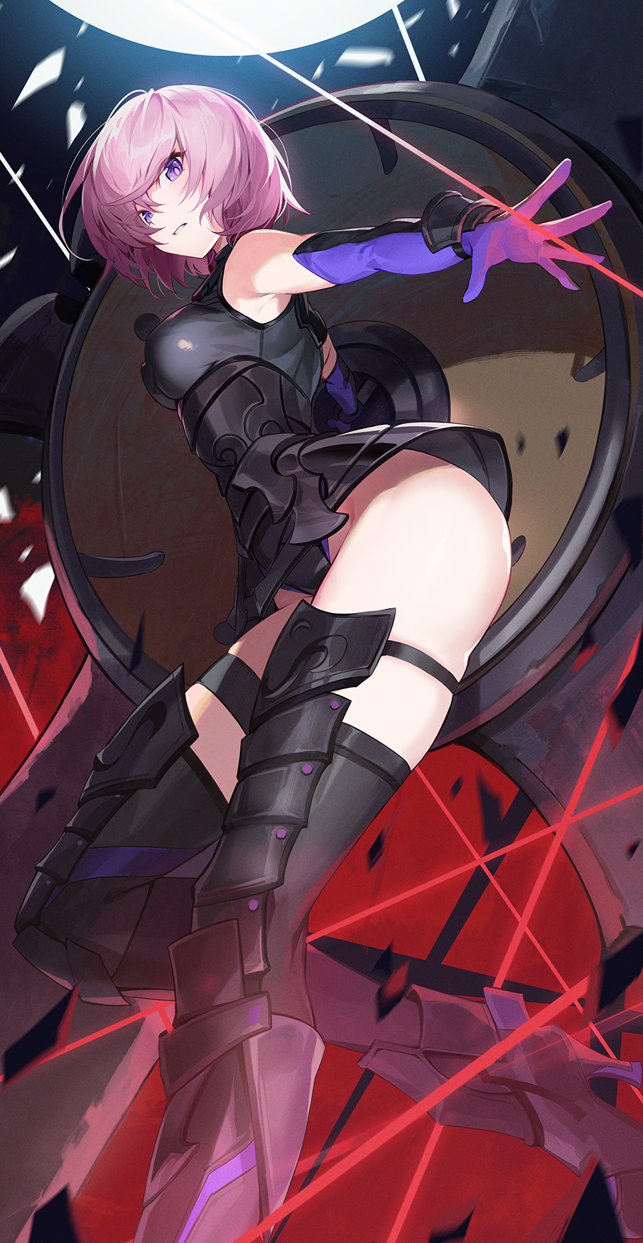 1girl armor armored_boots armored_dress bangs bare_shoulders black_leotard black_thighhighs boots breasts clenched_teeth elbow_gloves fate/grand_order fate_(series) gloves goomrrat hair_over_one_eye highleg highleg_leotard highres large_breasts leotard light_purple_hair looking_at_viewer mash_kyrielight outstretched_arm purple_gloves shield short_hair solo teeth thigh-highs thigh_strap thighs violet_eyes