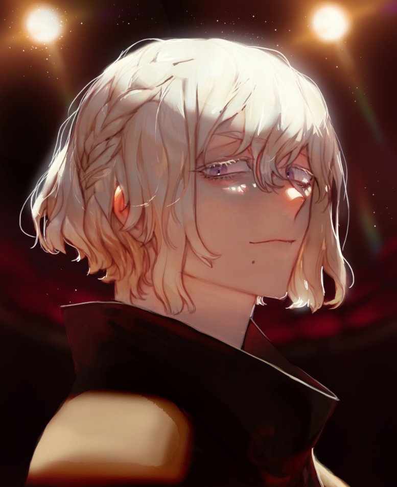 1girl blonde_hair braid closed_mouth light_particles looking_at_viewer male_focus mole mole_under_mouth original pigeon666 portrait smile solo upper_body violet_eyes