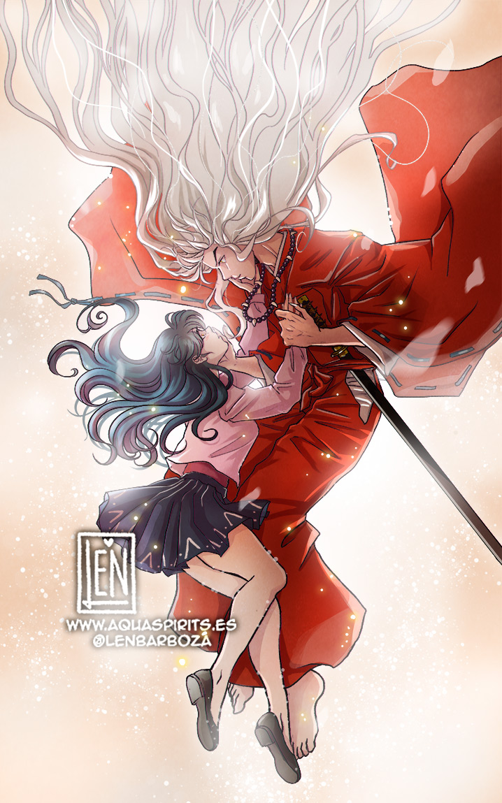 1boy 1girl barefoot black_skirt blue_hair closed_mouth eye_contact floating_hair from_side hakama higurashi_kagome inuyasha inuyasha_(character) japanese_clothes kimono lennys long_hair long_sleeves looking_at_another miniskirt pink_shirt pleated_skirt profile red_hakama red_kimono ribbon-trimmed_sleeves ribbon_trim school_uniform sheath sheathed shirt skirt straight_hair sword twitter_username very_long_hair watermark weapon web_address white_hair wide_sleeves