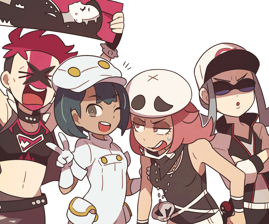 4girls ;d aether_foundation_employee bangs baseball_cap black_hair bright_pupils brown_eyes character_print commentary crossed_arms gloves hand_up hat holding jacket jewelry looking_at_viewer macro_cosmos's_(pokemon) marnie_(pokemon) multiple_girls navel necklace notice_lines one_eye_closed open_mouth overalls poke_ball poke_ball_(basic) pokemon pokemon_(game) pokemon_sm pokemon_swsh shirt short_hair sleeveless sleeveless_shirt smile ssalbulre sweatdrop team_skull_grunt team_yell_grunt teeth upper_teeth white_gloves white_headwear white_overalls white_pupils wristband
