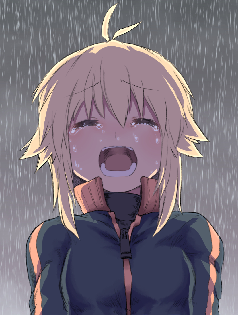 1girl antenna_hair bangs black_jacket black_shirt blonde_hair breasts closed_eyes commentary_request crying day facing_viewer hair_between_eyes jacket koshirae_tsurugi m.m open_mouth original outdoors rain shirt sidelocks small_breasts solo tears track_jacket upper_body