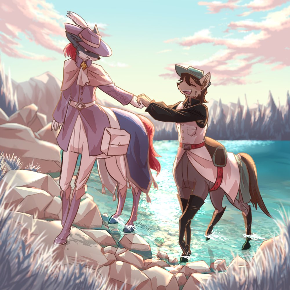 2boys animal_ears ascot bangs belt belt_pouch black_footwear black_shirt blue_sky bodysuit boots capelet centaur closed_eyes closed_mouth clouds coat commentary_request day dog_ears fkufku full_body furry furry_male grass grey_bodysuit hair_between_eyes hat holding_hands hooves horse_tail knee_boots long_sleeves looking_at_another male_focus monster_boy multiple_boys multiple_legs open_mouth original outdoors pouch purple_coat purple_footwear purple_headwear red_belt river rock shadow shirt signature sky smile snout standing standing_on_three_legs sweat tail taur teeth upper_teeth white_ascot white_belt white_bodysuit white_capelet white_coat