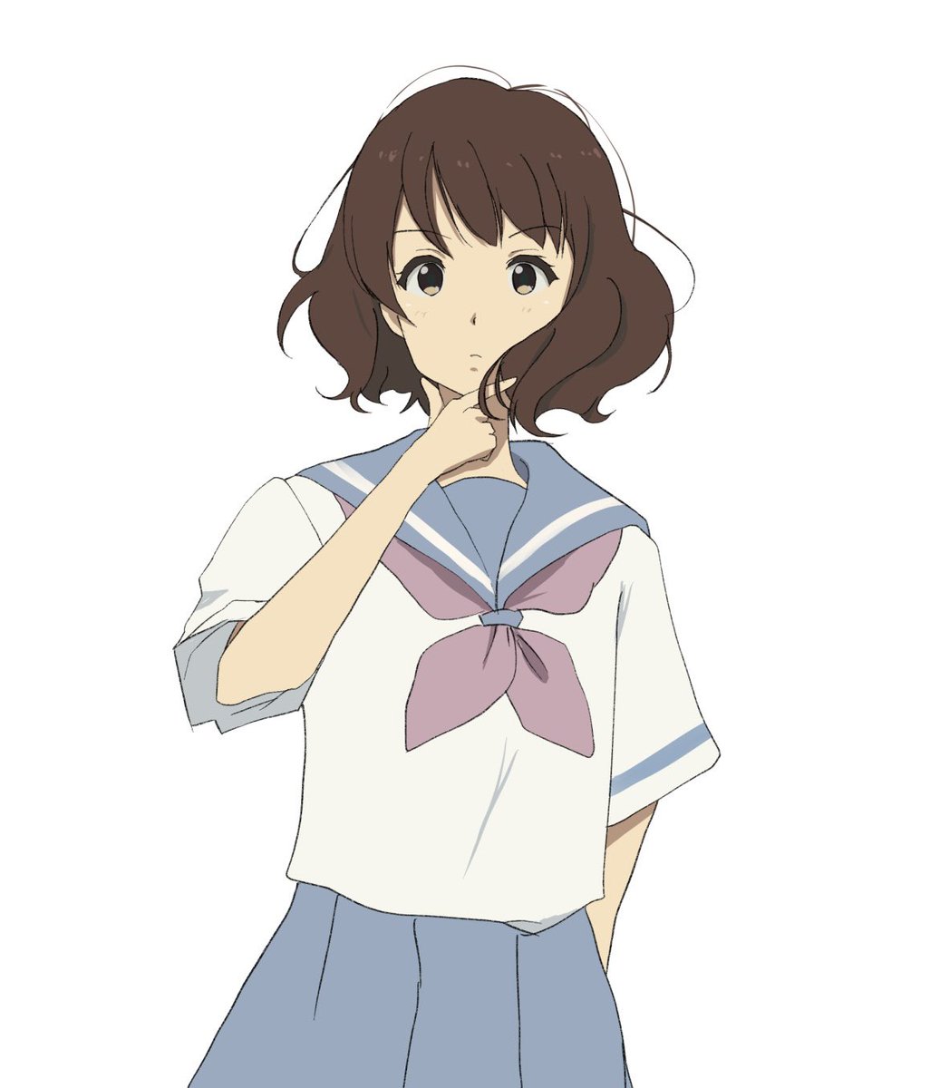 1girl artist_request bangs blue_sailor_collar blue_skirt blush brown_eyes brown_hair closed_mouth expressionless hand_up hibike!_euphonium highres kitauji_high_school_uniform looking_at_viewer neckerchief oumae_kumiko pink_neckerchief pleated_skirt sailor_collar school_uniform serafuku shirt short_hair short_sleeves simple_background skirt solo standing uniform white_background white_shirt