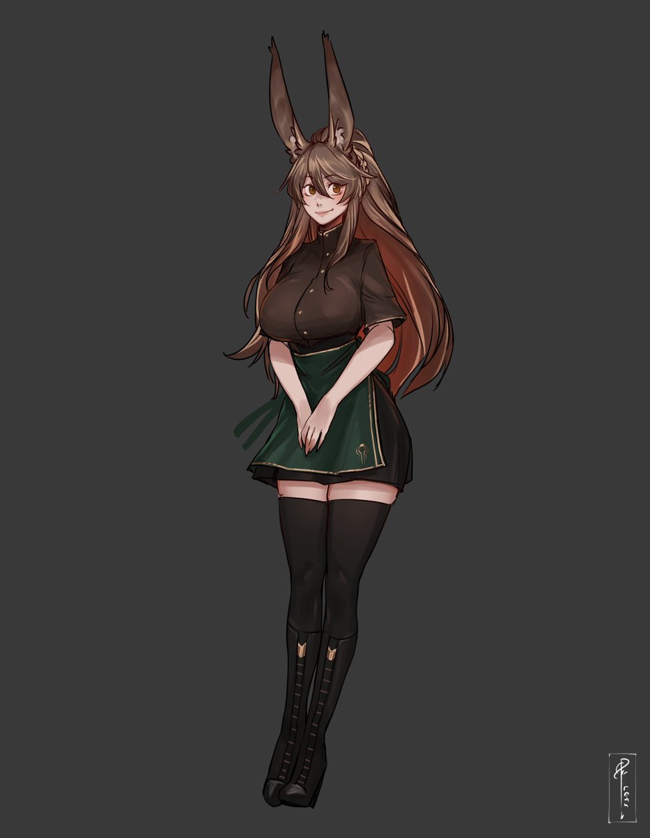 1girl animal_ear_fluff animal_ears apron bangs black_background black_footwear black_shirt black_skirt black_thighhighs boots breasts brown_eyes brown_hair commentary full_body green_apron hand_on_hip highres knee_boots large_breasts less long_hair looking_at_viewer original own_hands_together rabbit_ears shirt short_sleeves simple_background skirt smile solo thigh-highs thighhighs_under_boots waist_apron zettai_ryouiki