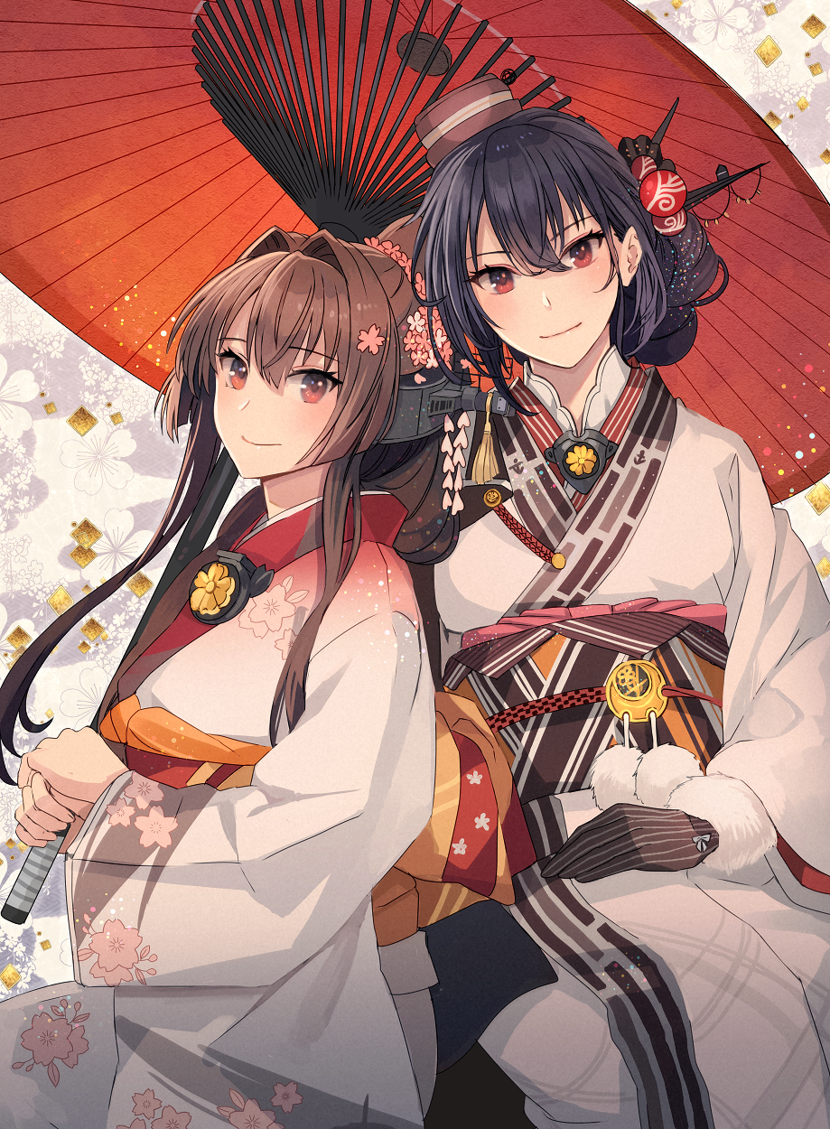 2girls alternate_hairstyle black_hair blush brown_eyes brown_hair closed_mouth floral_print flower hair_between_eyes hair_flower hair_ornament headgear highres holding holding_umbrella japanese_clothes kantai_collection kasumi_(skchkko) kimono long_hair long_sleeves looking_at_viewer multiple_girls nagato_(kancolle) official_alternate_costume oil-paper_umbrella pink_flower pom_pom_(clothes) ponytail print_kimono red_eyes red_umbrella smile umbrella upper_body white_kimono wide_sleeves yamato_(kancolle)