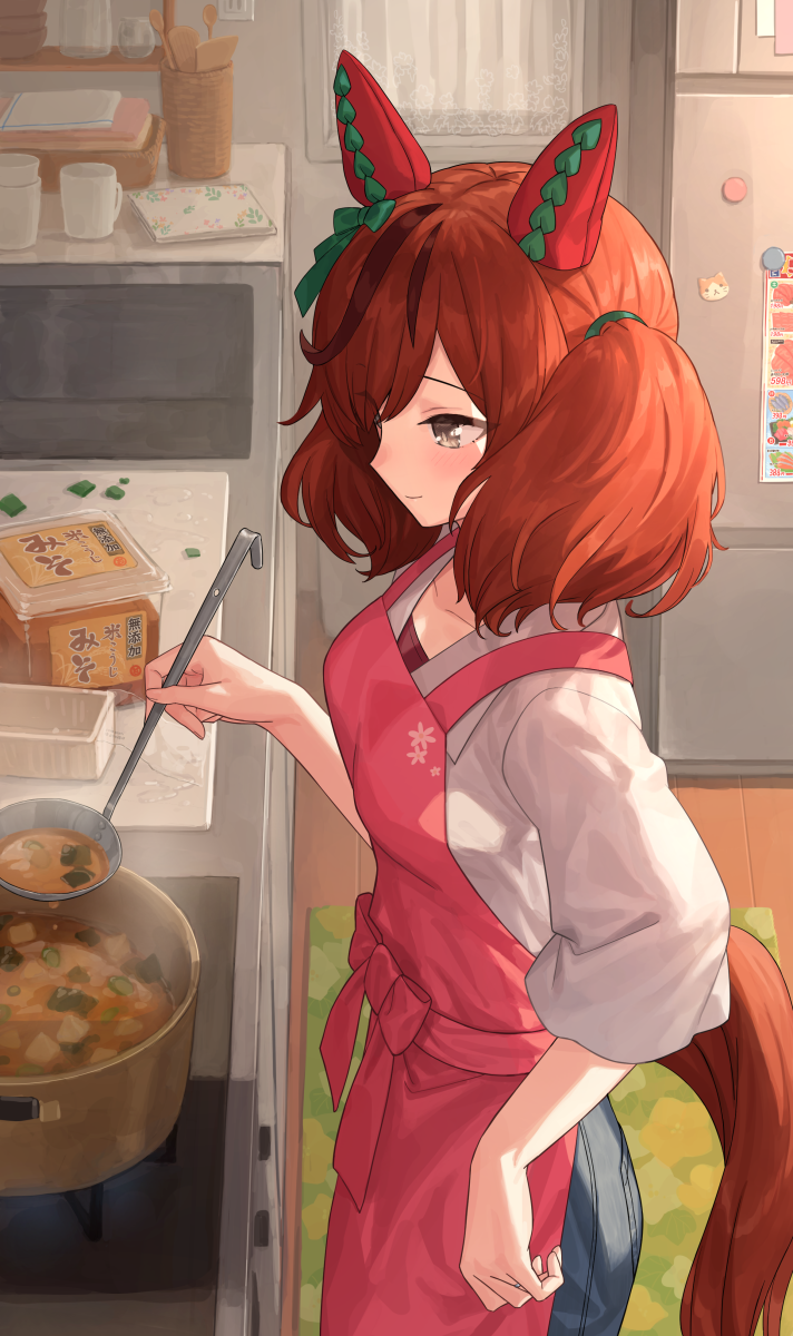 1girl animal_ears apron bad_link bangs blush box breasts chorefuji closed_mouth collarbone container cooking cooking_pot cup cutting_board food from_side grey_eyes highres holding holding_ladle horse_ears horse_girl horse_tail housewife indoors jewelry ladle looking_down nice_nature_(umamusume) pants pink_apron refrigerator ring shirt sink smile solo standing steam stock_pot tail twintails umamusume wedding_band wooden_spoon
