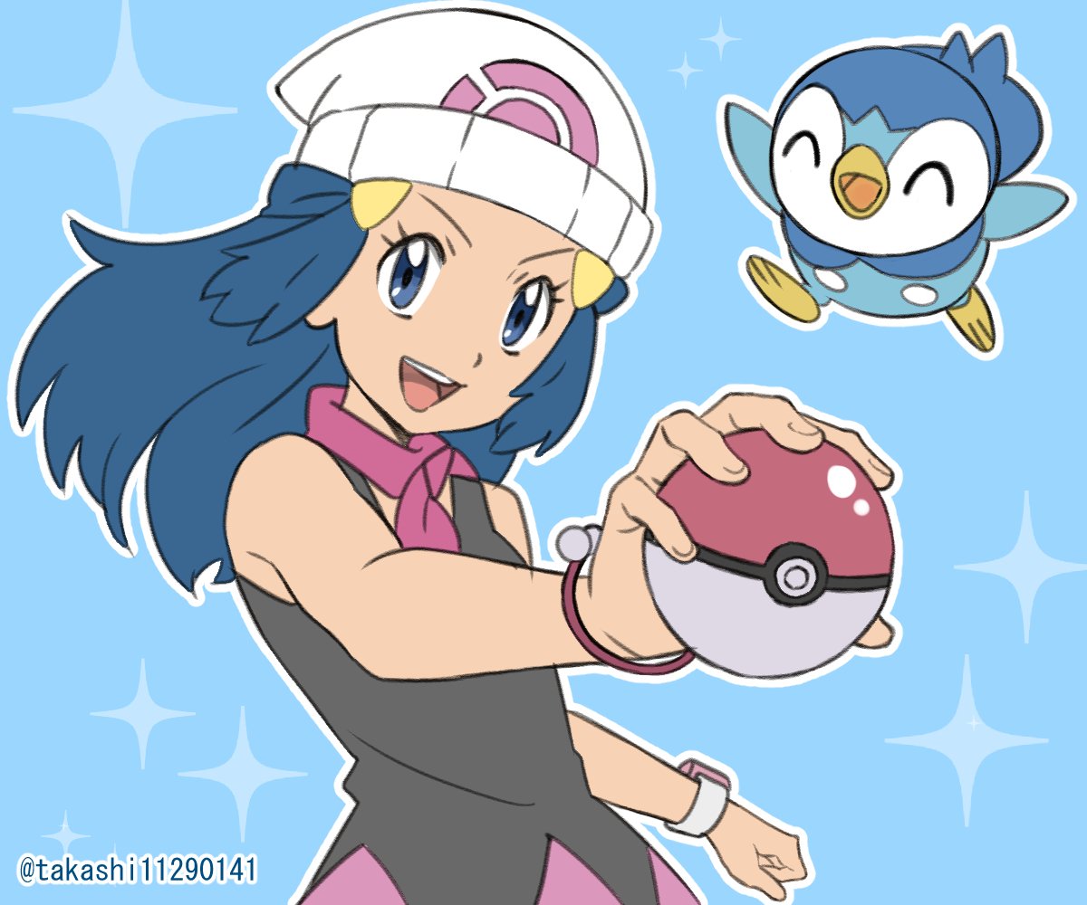 1girl :d beanie blue_background blue_eyes bracelet commentary_request eyelashes hair_ornament hairclip happy hat hikari_(pokemon) holding holding_poke_ball jewelry long_hair open_mouth outline piplup poke_ball poke_ball_(basic) poke_ball_print pokemon pokemon_(anime) pokemon_(creature) pokemon_dppt_(anime) scarf shinohara_takashi shirt skirt sleeveless sleeveless_shirt smile sparkle teeth tongue upper_body upper_teeth white_headwear