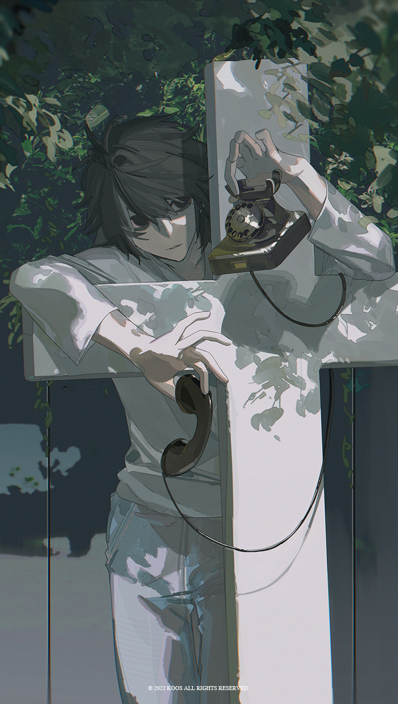 1boy 2022 artist_name black_eyes black_hair cross death_note denim highres holding holding_phone jeans k00s l_(death_note) leaf looking_to_the_side male_focus pants parted_lips phone rotary_phone shirt solo white_shirt