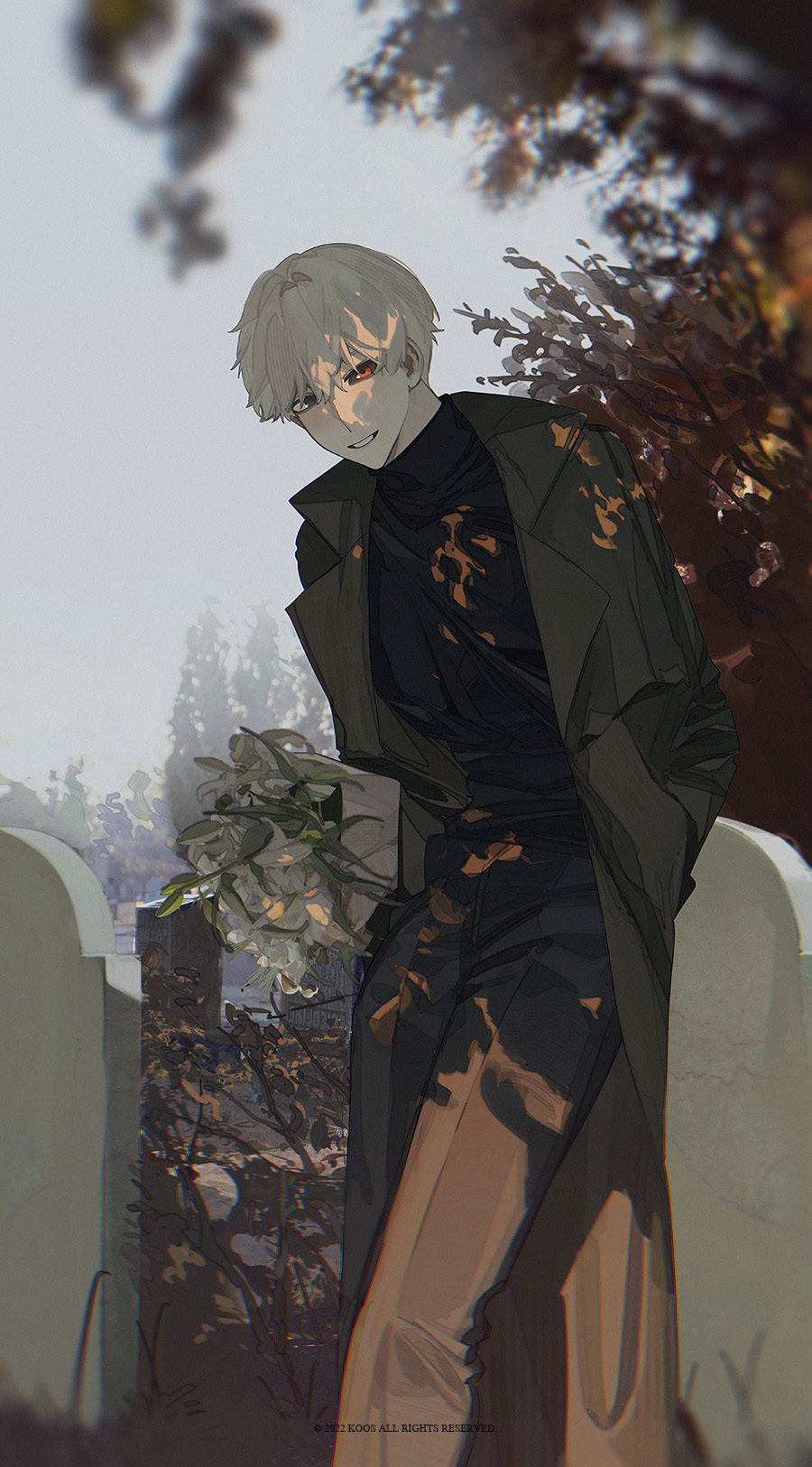 1boy autumn_leaves black_pants black_sclera black_shirt bouquet colored_sclera flower graveyard hand_in_pocket highres holding holding_bouquet k00s kaneki_ken leaning_forward looking_at_viewer male_focus pants parted_lips red_eyes shirt smile solo tokyo_ghoul tree white_flower white_hair