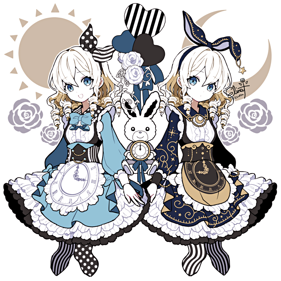 1other 2girls alice_in_wonderland animal animal_ears apron artist_name bangs blue_dress blue_eyes bow center_frills clock_print colored_skin corset crescent cropped_legs dot_mouth dot_nose dress drill_hair fake_animal_ears flower flower_(symbol) frilled_apron frilled_dress frills hair_between_eyes hair_bow hairband heart holding holding_pocket_watch jewelry knees_together_feet_apart long_sleeves looking_at_viewer medium_hair multiple_girls murasaki_daidai_etsuo open_mouth original patterned_clothing patterned_legwear petticoat pocket_watch polka_dot polka_dot_legwear puffy_sleeves rabbit rabbit_ears rose signature simple_background sleeve_cuffs smile star_(symbol) star_print starry_sky_print striped striped_thighhighs sun_symbol symmetry thigh-highs vertical-striped_thighhighs vertical_stripes watch white_background white_flower white_hair white_skin