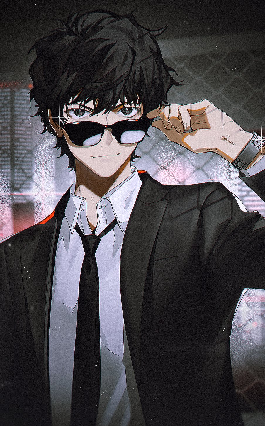 1boy bangs black_eyes black_jacket black_necktie btmr_game building chain-link_fence closed_mouth fence hair_between_eyes highres holding holding_eyewear jacket long_sleeves looking_at_viewer male_focus matsuda_jinpei meitantei_conan necktie open_clothes open_jacket shirt signature skyscraper solo sparkle sunglasses upper_body white_shirt