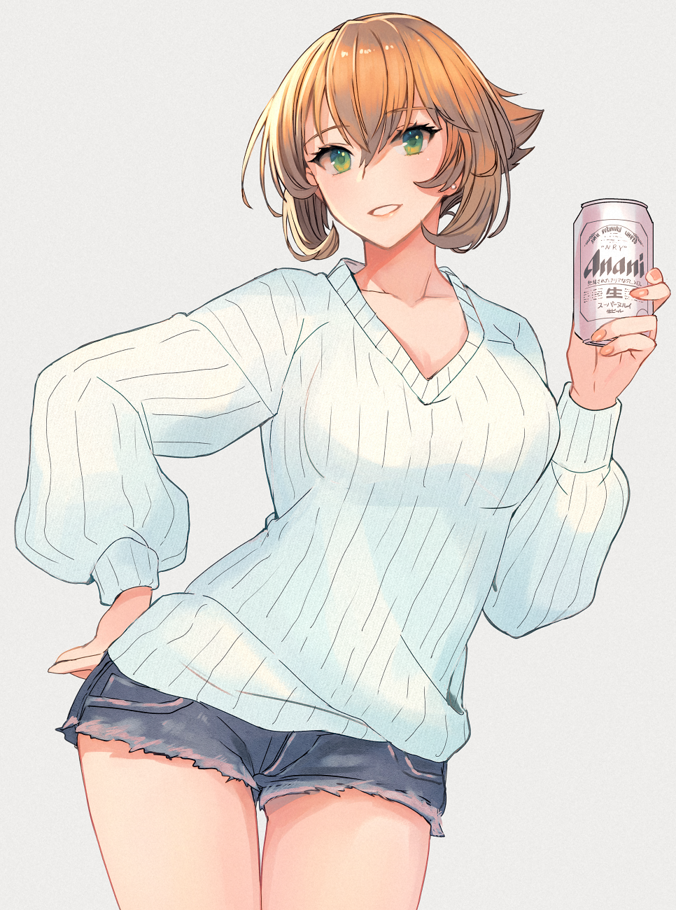 1girl breasts brown_hair can casual collarbone denim denim_shorts flipped_hair green_eyes grin hand_on_hip highres holding holding_can kantai_collection kasumi_(skchkko) large_breasts looking_at_viewer mutsu_(kancolle) short_hair shorts simple_background smile solo sweater white_background white_sweater