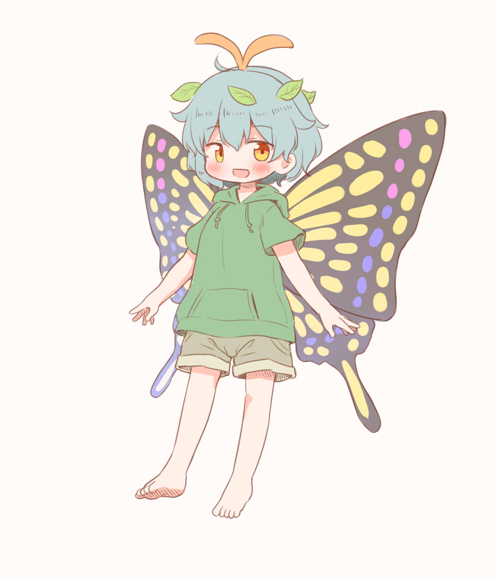 1girl antennae aqua_hair arinu barefoot blush butterfly_wings eternity_larva fairy full_body green_hoodie grey_shorts hair_between_eyes hood hoodie leaf leaf_on_head open_mouth short_hair short_sleeves shorts smile solo touhou wings yellow_eyes