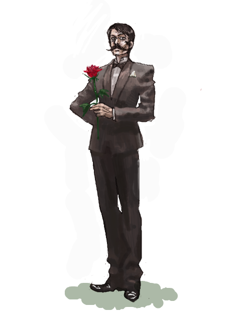 1boy black_bow black_bowtie black_footwear black_hair black_suit bow bowtie facial_hair flower formal full_body holding holding_flower kanno_ponta long_sleeves looking_at_viewer male_focus mustache one-punch_man pocket_square shoes simple_background solo spring_mustachio standing suit white_background