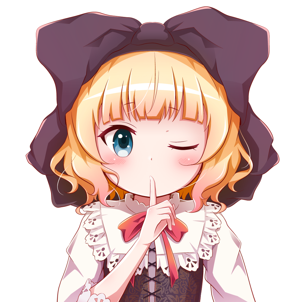 1girl bangs black_bow black_dress blonde_hair blush bow commentary_request dress finger_to_mouth gochuumon_wa_usagi_desu_ka? goth_risuto green_eyes hair_bow hand_up kirima_syaro long_sleeves looking_at_viewer one_eye_closed red_bow revision shirt shushing simple_background solo upper_body white_background white_shirt