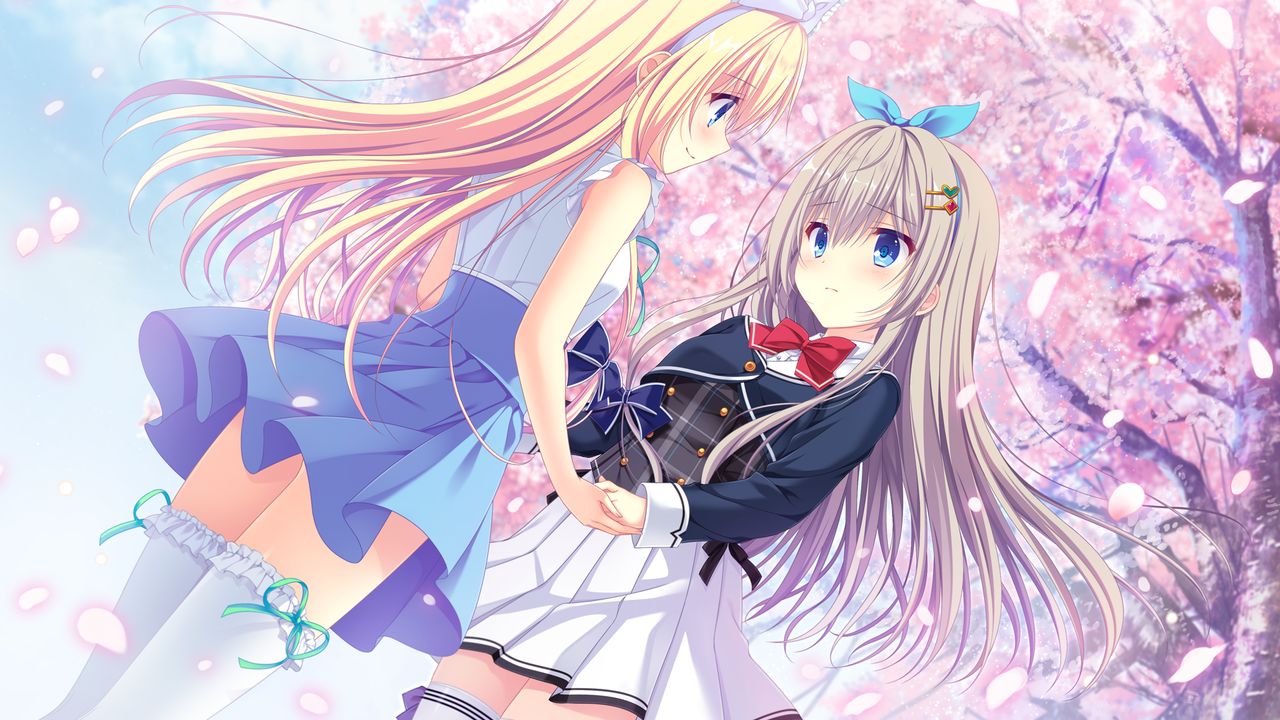 2girls black_bow blonde_hair blue_bow blue_eyes blue_hairband blue_skirt bow bow_hairband bowtie cherry_blossoms closed_mouth cowboy_shot da_capo_iv day dress_shirt dutch_angle eye_contact floating_hair frilled_thighhighs frills game_cg gem green_gemstone green_ribbon grey_hair hair_bow hair_ornament hairband heart heart_hair_ornament high-waist_skirt holding_hands long_hair long_sleeves looking_at_another miniskirt multiple_girls neck_ribbon outdoors pleated_skirt red_bow red_bowtie red_gemstone ribbon sagisawa_arisa sagisawa_arisu school_uniform shiny shiny_hair shirt skirt sleeveless sleeveless_shirt smile spring_(season) standing thigh-highs very_long_hair white_shirt white_skirt white_thighhighs zettai_ryouiki