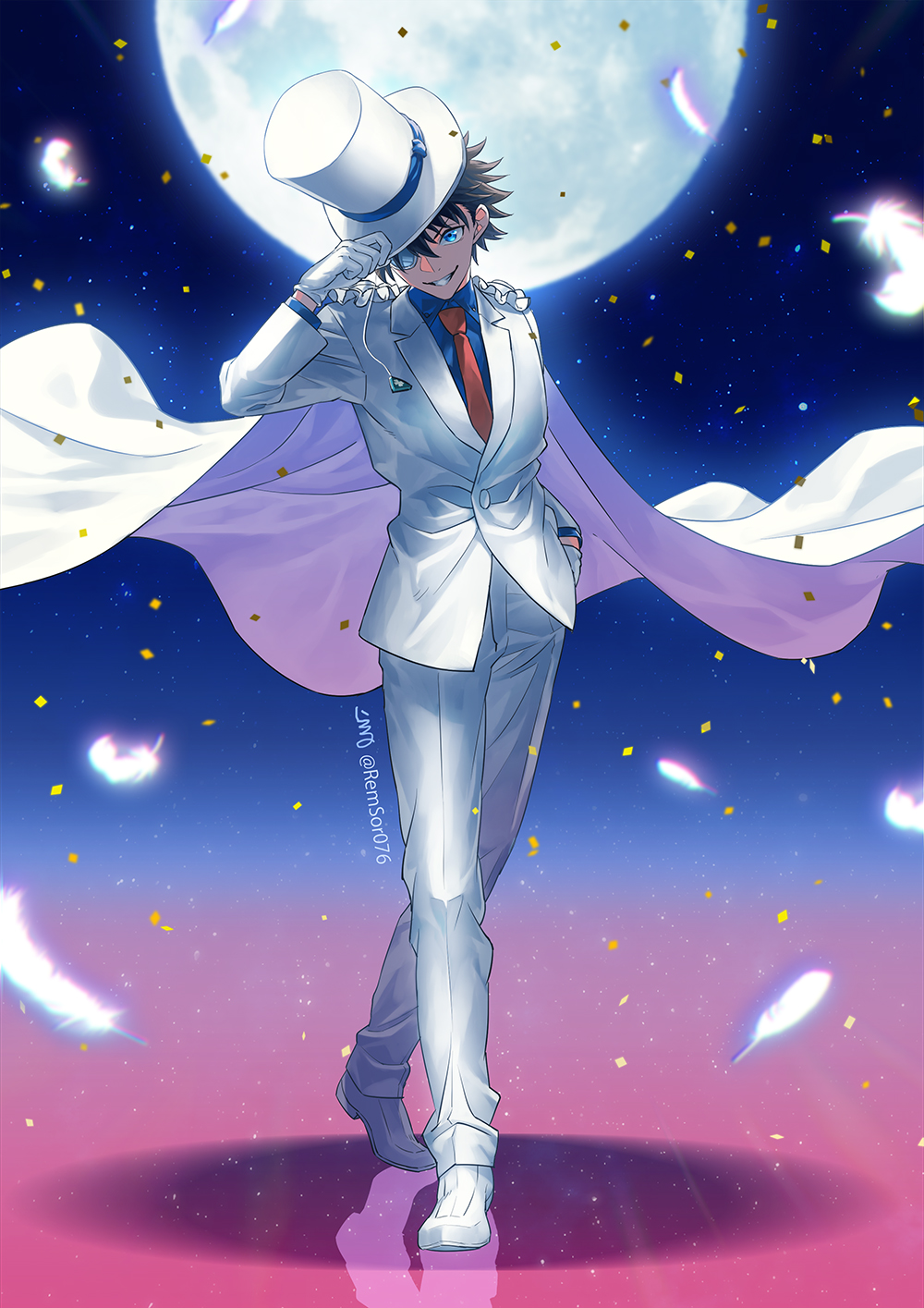 1boy blue_eyes blue_shirt brown_hair cape collared_shirt formal full_body full_moon gloves grin hand_in_pocket hat highres jacket kaitou_kid long_sleeves looking_at_viewer magic_kaito male_focus monocle moon necktie pant_suit pants red_necktie remsor076 shirt short_hair smile solo suit twitter_username white_cape white_gloves white_headwear white_jacket white_pants wing_collar