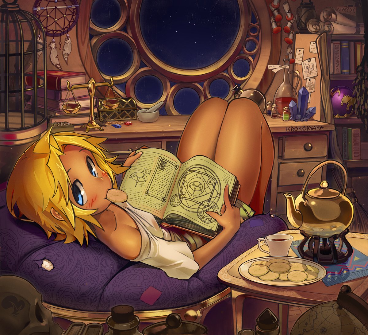 1girl bare_legs bean_bag_chair birdcage blonde_hair blue_eyes blush book book_stack bookshelf borrowed_character cage chair collarbone commentary cookie crystal cup dark-skinned_female dark_skin drawer dream_catcher english_commentary feathers flask food food_in_mouth gem globe hair_intakes holding holding_book index_finger_raised indoors krokobyaka legs_folded loaded_interior looking_at_viewer looking_back lying magic_circle mortar mouth_hold night off_shoulder oil_lamp on_back open_book pestle plate round-bottom_flask round_window scales scroll shirt short_hair shorts signature skull solo spiky_hair star_(symbol) table tea teacup teapot thighs tild_-_mage_a_louer tild_framith vial white_shirt window wooden_table