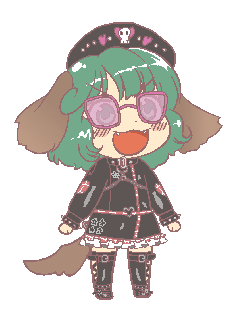 1girl animal_ears anonymous_(japanese) black_dress black_footwear black_headwear blush boots dog_ears dog_tail dress fangs frilled_dress frills full_body green_eyes green_hair gyate_gyate hat jaggy_lines kasodani_kyouko knee_boots long_sleeves open_mouth short_hair smile solo tail touhou touhou_lost_word transparent_background