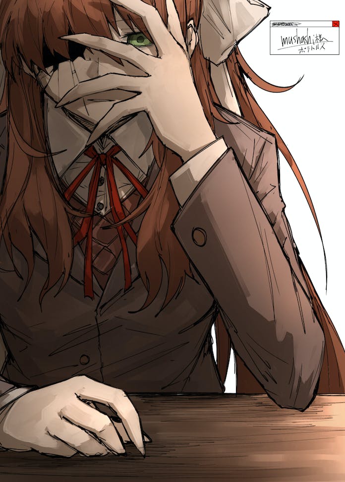 1girl brown_hair brown_jacket brown_vest commission cracked_skin doki_doki_literature_club green_eyes hand_up jacket kankan33333 long_hair long_sleeves monika_(doki_doki_literature_club) neck_ribbon parted_lips red_ribbon ribbon simple_background skeb_commission solo vest white_background